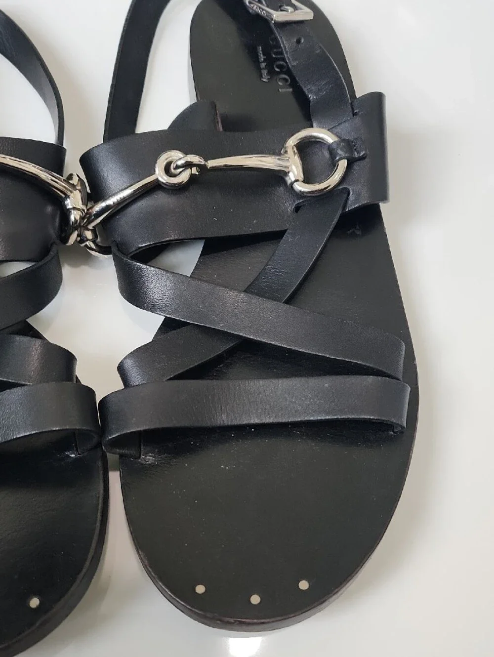 GUCCI Juliette Black Leather Horsebit Sandals